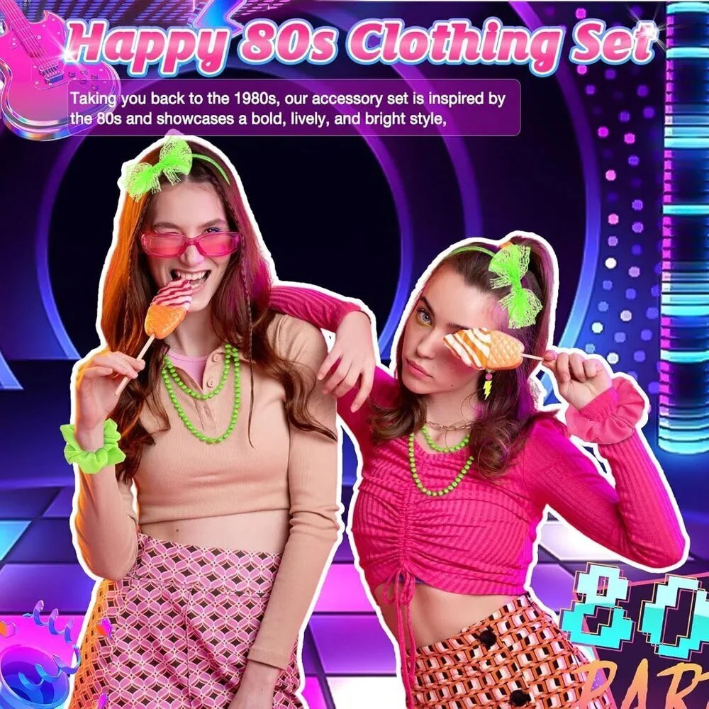 80s Costume Accessories Set Neon Headband Fishnet Gloves Leg Warmers